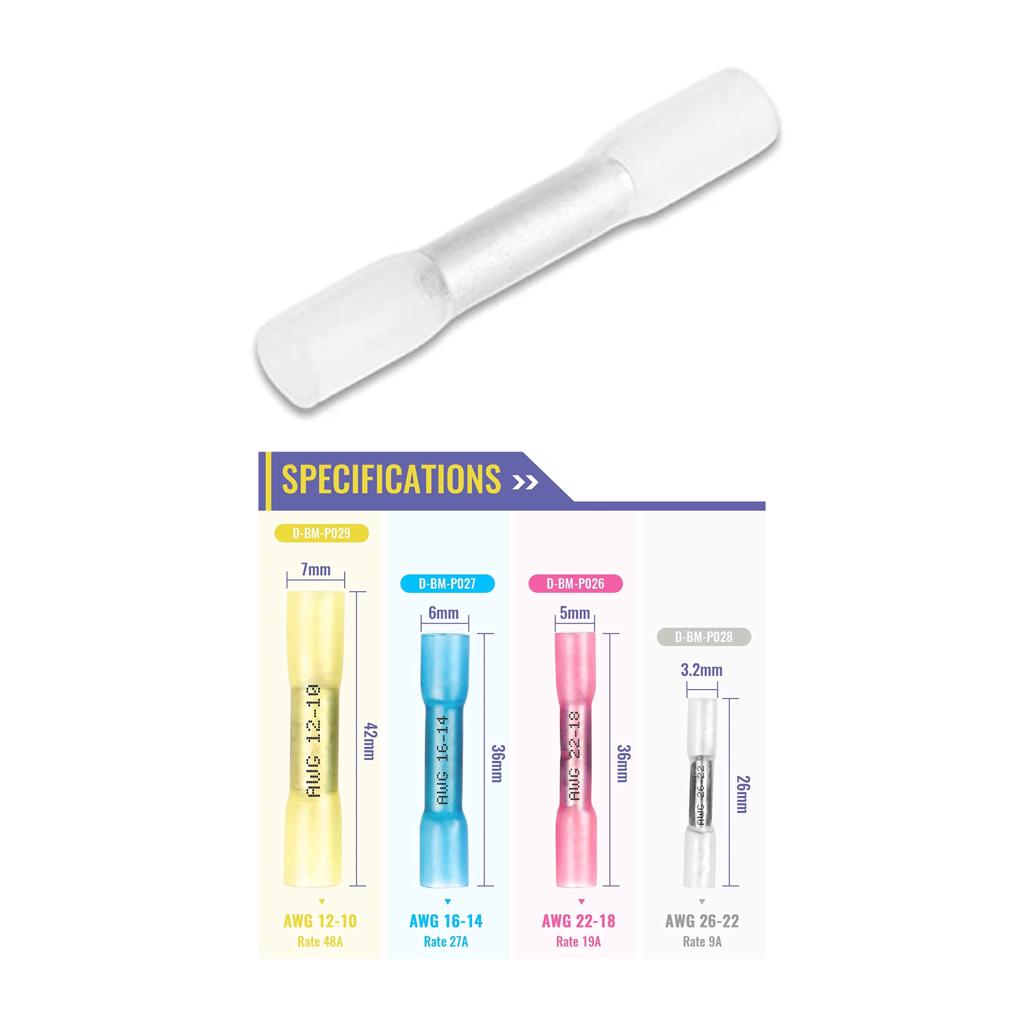 Heat shrink Butt Connector White 100 pcs (AWG 26–22)