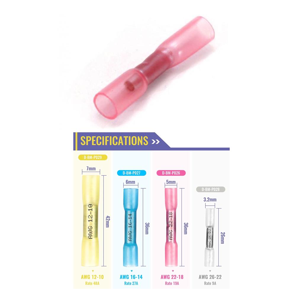 Heat shrink Butt Connector Red 100 pcs (AWG 22–18)