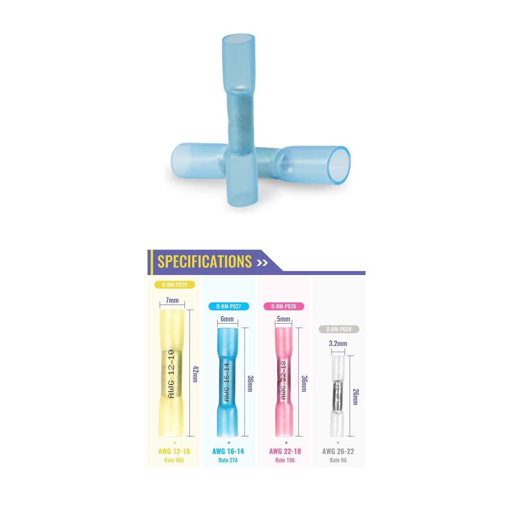 Heat shrink Butt Connector Blue 100 pcs (AWG 16–14)