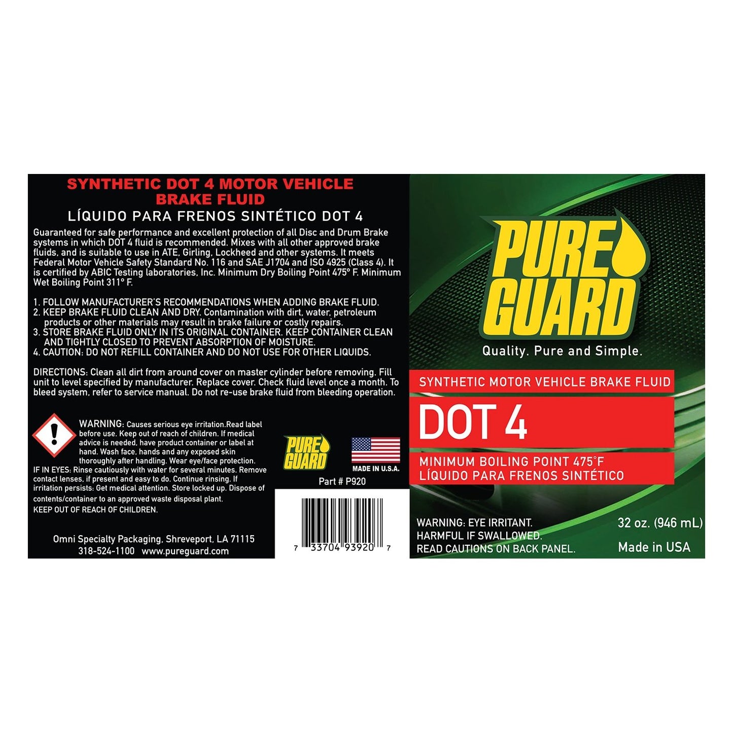 Pure Guard Synthetic Brake Fluid DOT 4 32oz