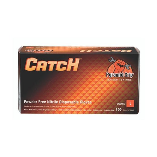 Catch Nitrile Powder-Free Pyramid Grip Gloves Large ORANGE, 9 mil, Textured, 1x100