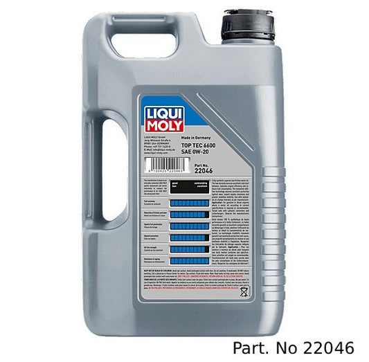 Liqui Moly Motor Oil Synthetic Gasoline and Diesel Top Tec 6600 SAE 0W-20 5Lt/5.28Qt
