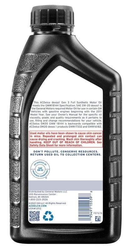 ACDelco Full Synthetic SAE 0W-20 dexos1 Gen 3 Motor Oil – 1 qt