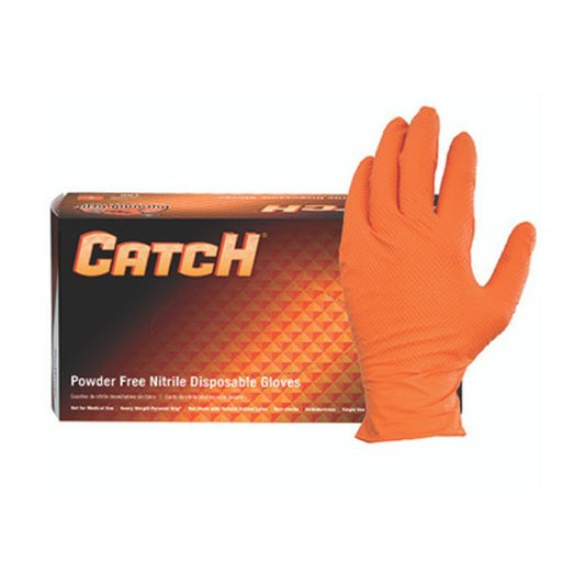 Catch Nitrile Powder-Free Pyramid Grip Gloves Large ORANGE, 9 mil, Textured, 1x100